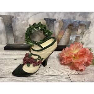 Vintage Shoe Figurine Beige and Green Bootie with Raised Burgundy Roses 4"X2"‎
